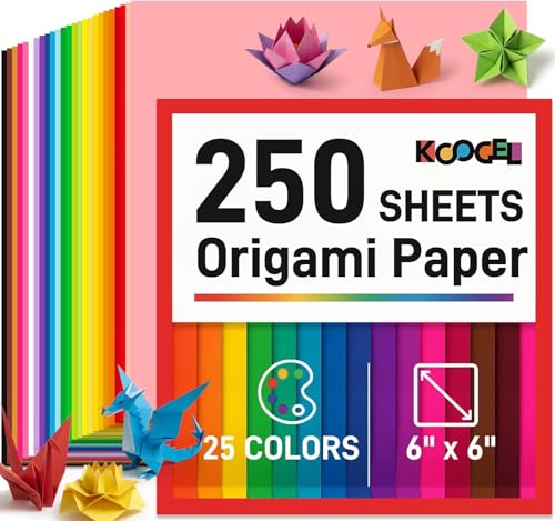 Koogel 250 Sheets 6 X 6 Origami Paper Double Sided Color 25 Assorted Colors Colored Paper for Kids Folding Crafting Scrapbooking Classroom Teacher Supplies Beginner