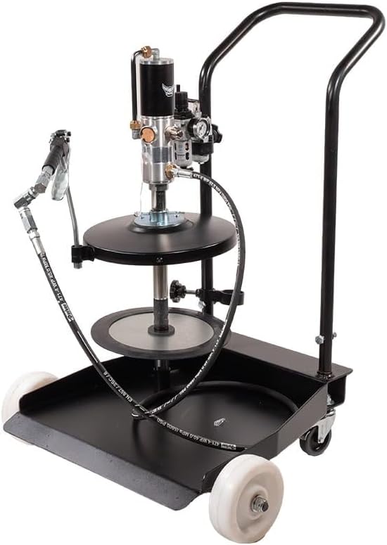 Mytee Products 50:1 Ratio Air Operated Grease Pump Kit for 5 Gallon Bucket / 35 lbs with Trolley Mounted - Grease Gun Filler with Drum Cover, Follower Plate, 7' Hose, Grease Valve & Z-Swivel