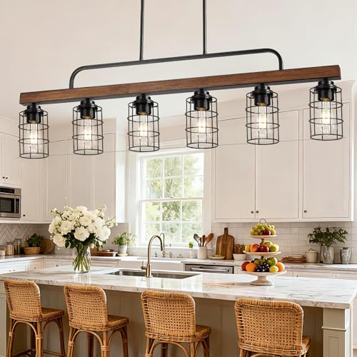 Tytphots 6-Light Farmhouse Walnut Chandelier for Dining Room, Black Kitchen Island Light with Rust-Proof Metal Frame & E26 Base, 49" Height Adjustable Pendant Light Fixture Over Table & Bar