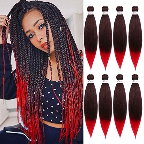 Ombre Red Pre Stretched Braiding Hair 26 Inches 8 Packs Synthetic Yaki Wave Knotless Easy Box Braids Crochet Soft Hair Extensions For Braiding(26 Inch,T1B/Red) #TOP7