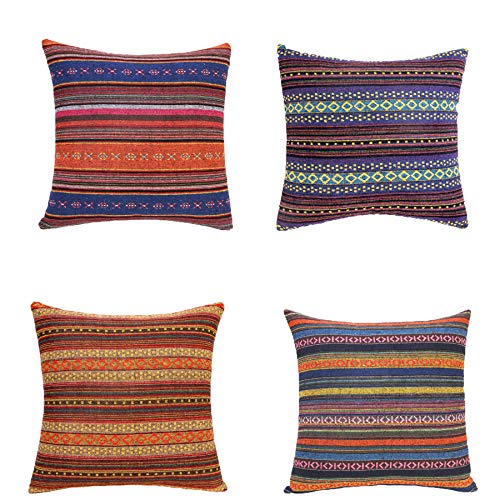 Lilyzuu Set Of 4 Bohemian Retro Stripe Throw Pillow Covers Decorative Boho Square Cushion Cover Colorful Ethnic Hippie Pillowcase For Home Bed Couch Sofa, Multicolor 18X18 Inch #TOP23