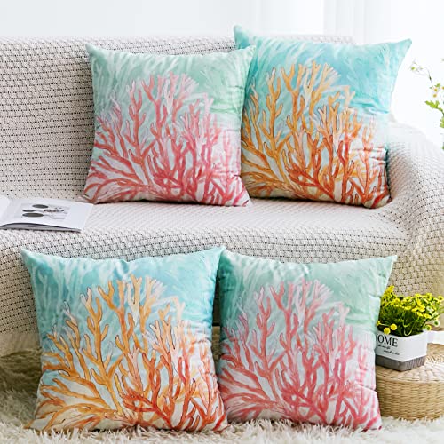 Coastal Throw Pillow Covers 18X18 Inch Nautical Beach Ocean Themed Decorative Pillows Cases Modern Seaweed Coral Cushion Cover For Bed Living Room Couch Sofa Decor Set Of 2, Orange And Blue #TOP6