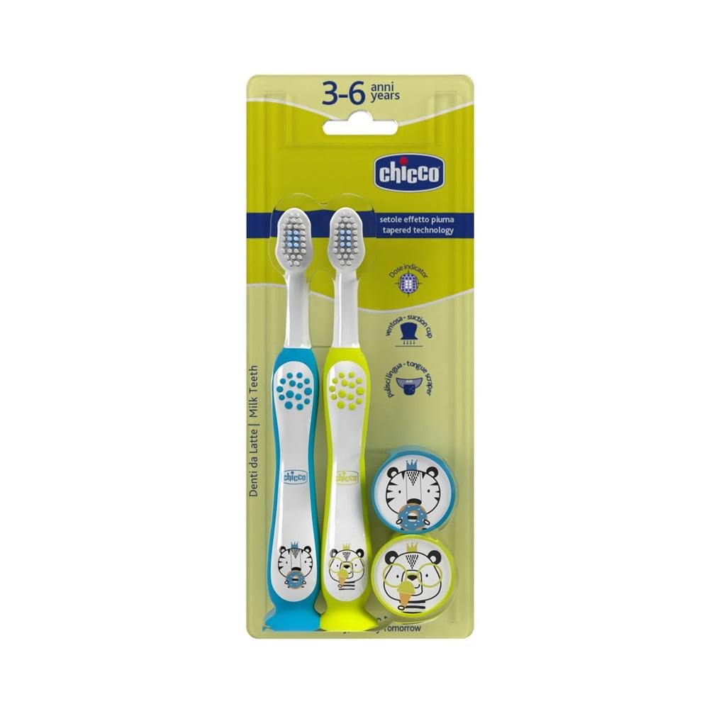 Chicco 2 x Toothbrush Set with Suction Cup with Rounded Head, Soft Bristles Gentle on Gums and Teeth, Large Non-Slip Handle with Brush Cover, 3-6 Years, Child