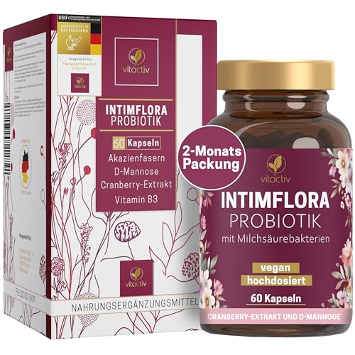 Vitactiv INTIMFLORA PROBIOTIK Milchsäurebakterien - 60 Probiotika Kapseln für Frauen - 6 Stämme, 130 Mrd. KbE/g, Akazienfasern Präbiotika - D-Mannose, Cranberry, Vitamin B3 Vitactiv INTIMFLORA PROBIOTIK Milchsäurebakterien - 60 Probiotika Kapseln für Frauen - 6 Stämme, 130 Mrd. KbE/g, Akazienfasern Präbiotika - D-Mannose, Cranberry, Vitamin B3