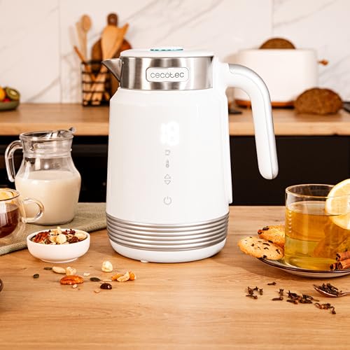 Cecotec Bouilloire Électrique ThermoSense 600 Touch Blanc de 1,7 L, 2200 W, Sans BPA, Acier Inoxydable et Plastique de Haute Qualité, Lumière LED et Indicateur de Fonctionnement, Base à 360º