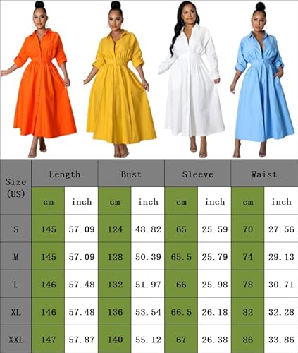 IUALXYBB Vestido maxi feminino de manga longa para festa noite sólido plus size botão camisa evasê v