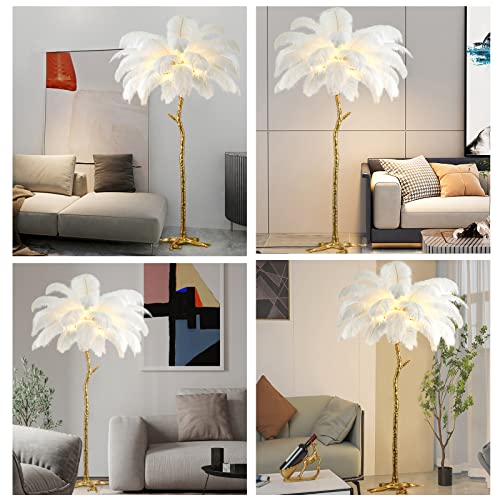 Natural Ostrich Feather Floor Lamp,Feather Lamps For Bedrooms And Living Room With Foot Switch Dimmable,Resin Feather Standing Lamp H:170Cm (White) #TOP4