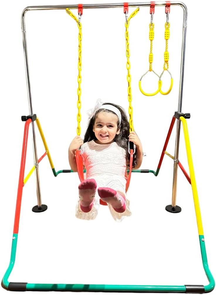 Gymnastics Training Bar for Kids Home Folding Expandable Kip Bar 5 in 1 Set + 6’x2’ Tumble Mat, Swing Seat, 2X Trapeze Rings, Horizontal Bar Junior Gymnastic Equipment Monkey Bars Jungle Gym Yellow