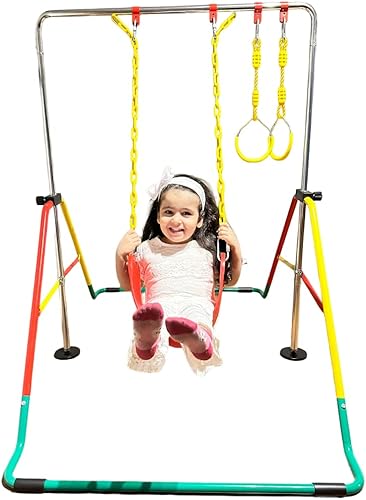 Miniatura 5 de Barra de gimnasia para niños, juego 4 en 1 con asiento de columpio, 2 anillos de trapecio, barra horizontal expandible y plegable, equipo de