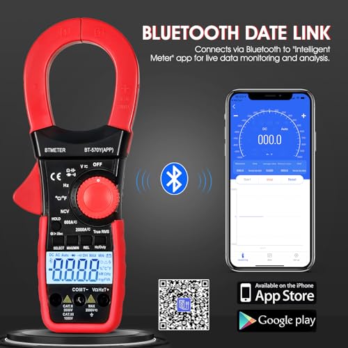 Image of BTMETER Digital Clamp Meter Multimeter, 6000 Counts Bluetooth Multimeter, 2000A AC /DC Amp Tester, Measures Voltage, Ohms, Capacitance, Frequency, Temperature, NCV with Data Logging 570Y-APP