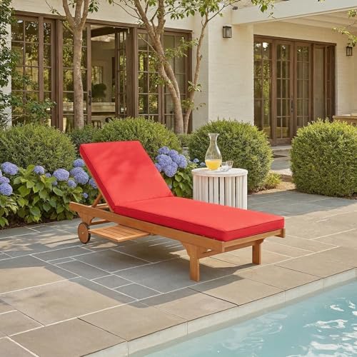 Image of SAFAVIEH Outdoor - Newport Chaise Lounge Chair - Brown & Red - Solid Wood - Slatted Design with Wheels - Ideal for Patio, Deck, Poolside, Backyard, 78.7 inchW x 27.6 inchD x 14.2 inchH (PAT7022R)