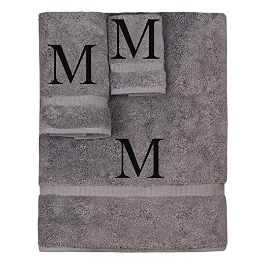 Monogrammed Towel Set, Personalized Gift, Set of 3- Black Block Letter Embroidered Towel - Extra Absorbent 100% Turkish Cotton - Soft Terry Finish - Initial M Gray