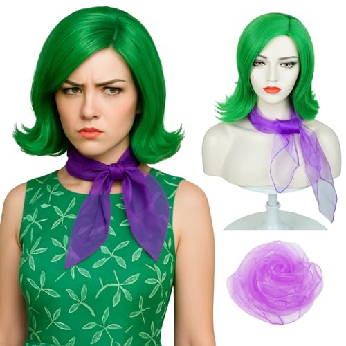 Wiggy Mermaid Green Wig and Scarf for Women Adult Green Bob Wig with Flipped Ends & Purple Scarf Accessories - Perfect for Halloween Costume Parties Stage Performances Cosplay