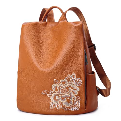Image of BOYATU Genuine Leather Backpack for Women: Elegant Floral Designer Purse - Small Shoulder Bag for Travel (Brown)