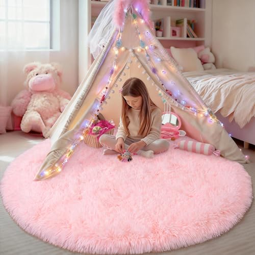 Round Fluffy Pink Rug for Bedroom, 4Ft Fuzzy Shag Circle Area Rug for Girls Kids Room Nursery, Soft Non Slip Plush Carpet for Dorm Living Room Home...