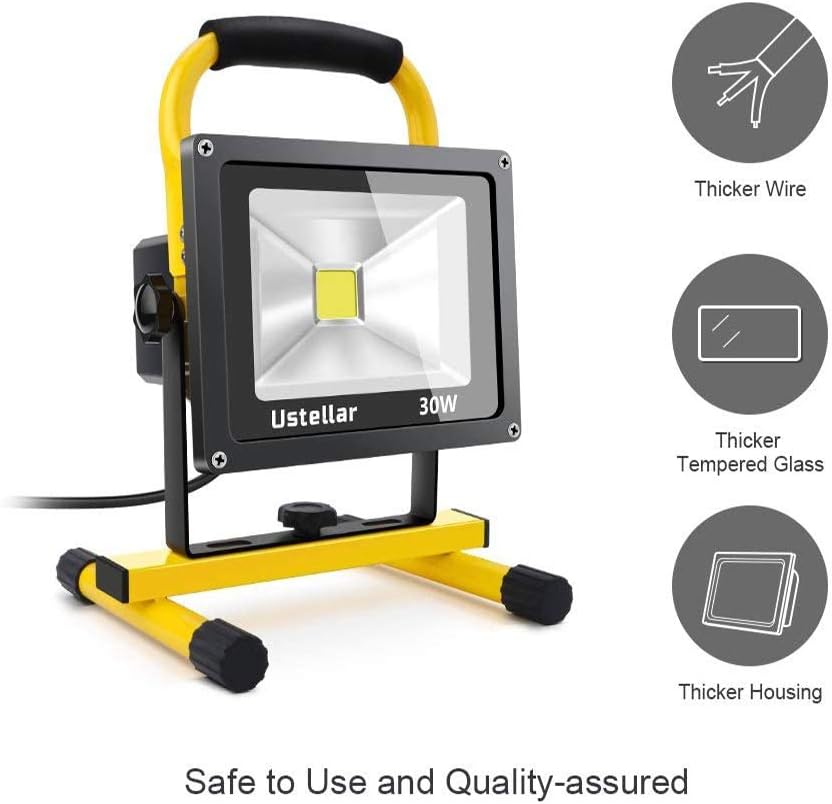 Ustellar 2400LM 30W LED Work Light (200W Equivalent), Waterproof Portable LED Flood Lights, Job Site Lighting with Stand for Construction Site, Workshop, 16ft/5M Cord with Plug, 6000K Daylight White