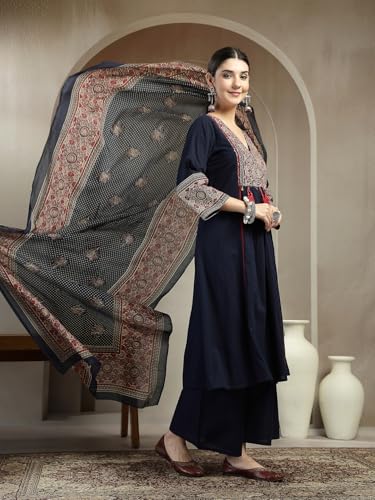 Image of Stylum Women's Ajrakh Printed Cotton A-Line Kurta Pant Dupatta Set