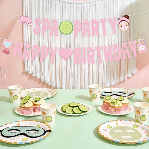 Image of Hooqict Happy Birthday Banner Spa Party Decorations Banner Sign for Girls Women Sleepover Slumber Makeup Pink Spa Themed Birthday Party Decorations Supplies