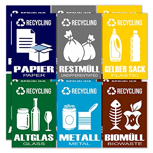 GamesMonkey® - Adesivi Raccolta Differenziata Piccoli Ricliclo Rifiuti Spazzatura -DE - v4 - Impermeabili Lavabili Divertenti Bambini - Italiano Inglese - Conformi UNI 11686 (8,5 x 5,5 cm, 12 Pezzi)