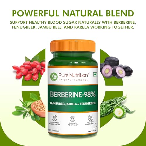 Image of Pure Nutrition Berberine supplements 98% | Berberine Tablets with Jamun Beej, Karela & Fenugreek Extract | Supports Blood Sugar Control, Weight Management, Heart & Metabolic Health | Natural Herbal Wellness Formula - 60 Veg Tablets