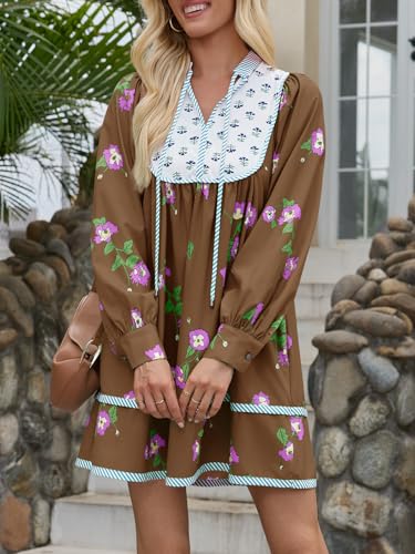 Image of Wenrine Womens Casual Floral Mini Dress Fall Long Sleeve V Neck Patchwork Loose Boho Shirt Dresses
