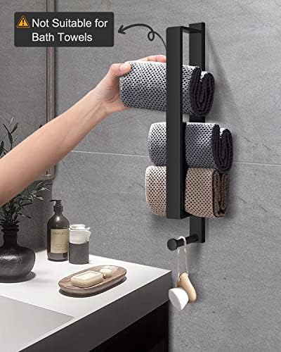 LIVEHITOP 2PCS Towel Rail, Strong Self Adhesive Black Towel Holder Stainless Steel Wall Mounted 43.5cm with Hook for Bathroom Kitchen