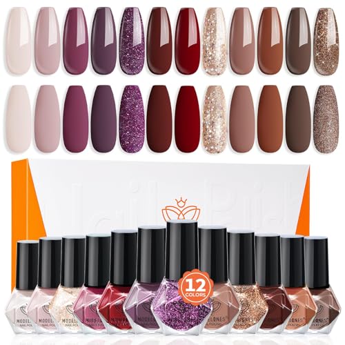Modelones 12 Color Nail Polish Set - Dark Red, Neutral Brown, Gold Glitter - DIY Nail Art, Salon Home Manicure