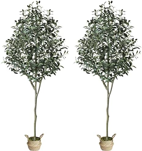 Chantoo 2 Pack Artificial Olive Tree 6 Feet Faux Trees Christmas Tree Artificial Plants for Home Decor Indoor Living Room, Tall Fake Plants with Large Branches and Seagrass Belly Basket