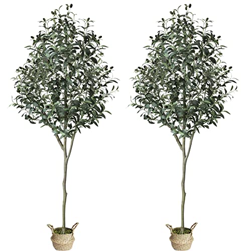 Chantoo 2 Pack Artificial Olive Tree 6 Feet Faux Trees Christmas Tree Artificial Plants For Home Decor Indoor Living Room, Tall Fake Plants With Large Branches And Seagrass Belly Basket #TOP2