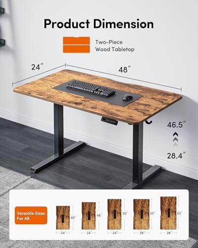 FEZIBO Height Adjustable Electric Standing Desk, 48 x 24 Inches Stand up Table, Sit Stand Home Office Desk with Splice Board, Black Frame/Rustic Brown Top - 2