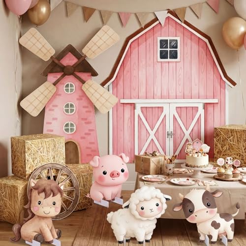 Leinuosen Large Farm Animal Backdrop Party Decorations Pink Barn and Windmill Photo Backgrounds with Farm Animal Stand-ups Straw Boxes for Girls Boys Birthday Photography Baby Shower Party Decor