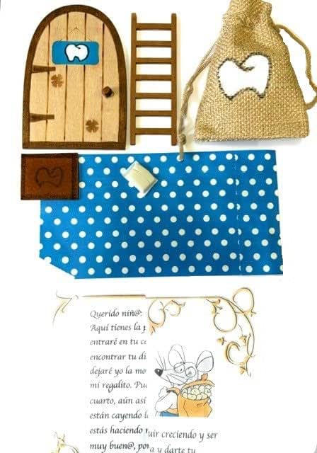 Puerta Ratoncito Pérez mágica con Carta, Escalera y Bolsita Para Diente de Leche. Regalo original niño niña Ratón Pérez. Hecho a mano en España