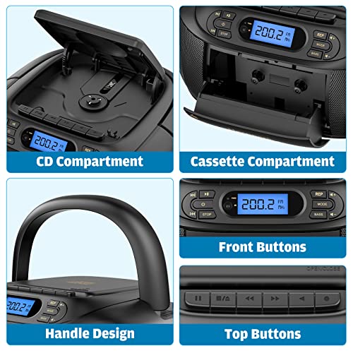 Image of Boombox CD and Cassette Player Combo with FM Radio, Portable CD Cassette Player for Home, Built-in Stereo Speakers, Super Bass, Audio Assisted AUX Input, USB Playback