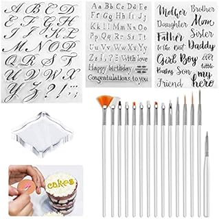 MOSNOW 19 Pcs Letter Alphabet Cake Stamp Tools with Cookie Coaster and Decorative Brushes, DIY Fondant Biscuit Stamp Moulds, Cursive Cake Letter Press Set for Home Party Birthday