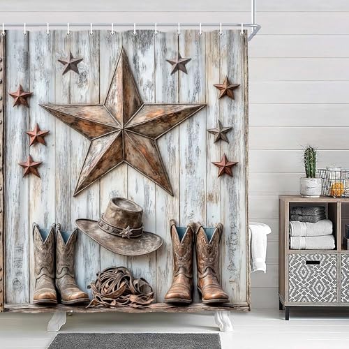 Western Cowboy Shower Curtain with Farmhouse Texas Star Wooden Bath