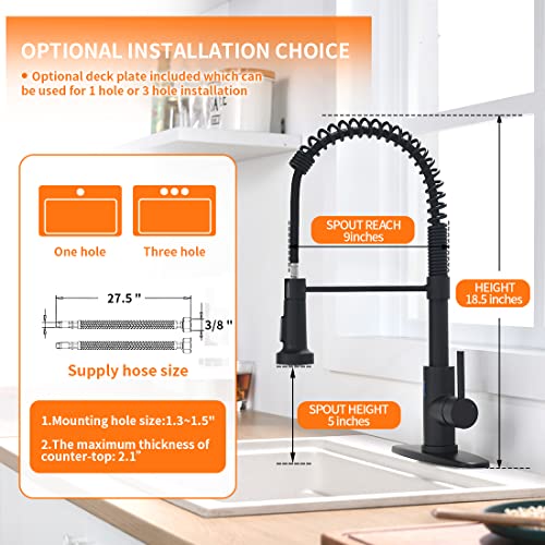 Kitchen Faucet with Pull Down Sprayer, Commercial Spring Single Handle High Arc Kitchen Sink Faucet, 360° Swivel, Black, Fits 1 or 3 Hole, Farmhouse & Modern Style OWOFAN 9009R by OWOFAN - Image 4