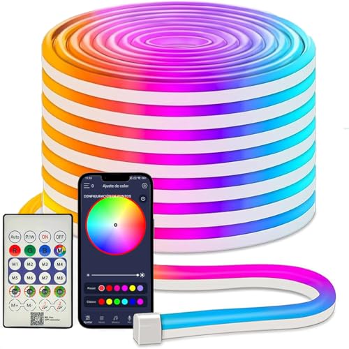 IWIIK Tira Neon LED RGB Flexible 5m USB, IP67 Impermeable, Luces Colores Control por Bluetooth, Movil Smart App y Mando a distancia, Decoración para interior y exterior
