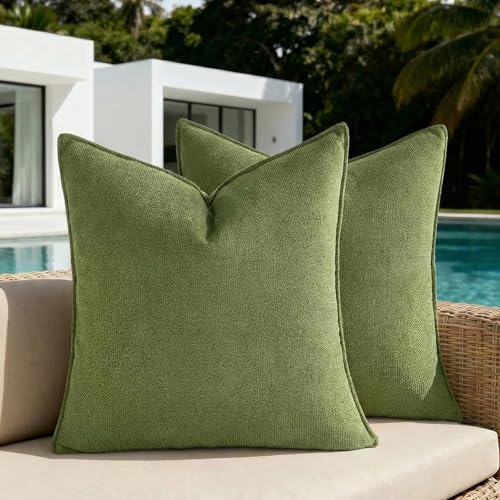 Fancy Homi Pack of 2 Water Resistant Soft Chenille Decorative Outdoor Throw Pillow Covers Solid Moss Green Summer Farmhouse Boho Patio Cushion Cases 18x18 Inch for Garden Balcony Tent Couch Sofa Bed