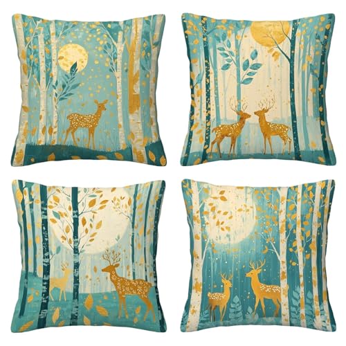 Fundas Cojines 55x55 Juego de 4 Fundas de Cojines Verde Salvia para Decoracion Hogar Patrón Ciervo Funda Almohada de Terciopelo con Cremallera Invisible para Cama, Sofás, Sala de Estar, Dormitorio Z-5