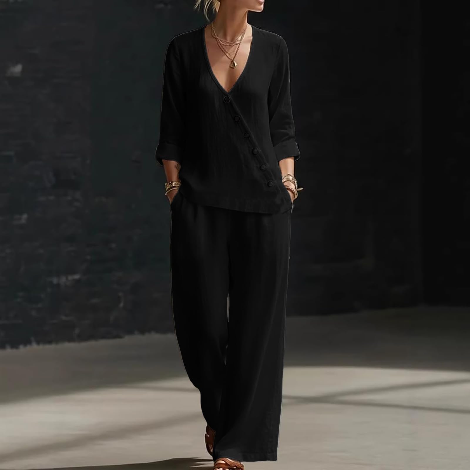 Completo Donna Elegante Lino Estiva Due Pezzi Tuta Completa Taglie Forti Tuta Tinta Unita 3/4 Blusa e Pantaloni Gamba Larga con Tasche Casual Completi Comodo Morbido Camicia Scollo a V Eleganti
