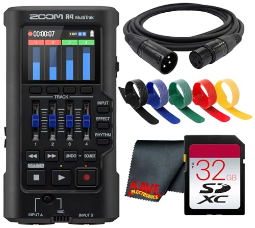 Zoom R4 MultiTrak 32-Bit Float 4-Track Recorder with Stereo Bounce, Built-in Mic, Effects & USB Audio Interface (Bundle)