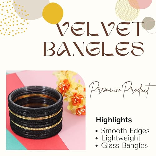 Image of NMII Glass Bangles For Women and Girls with Velvet and Golden Ballchain Linked | Plain Glass Bangles | Velvet Chudi Set | Bangles For Women | Stylish Glass Chudi Bangles- Set of 28