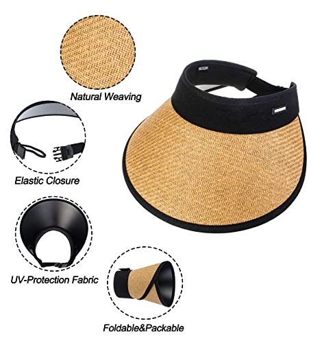 Womens Sun-Visor-Cap Wide-Brim Straw-Sun-Hats Uv-Protection Packable Summer Beach-Sun-Hats Khaki #TOP2