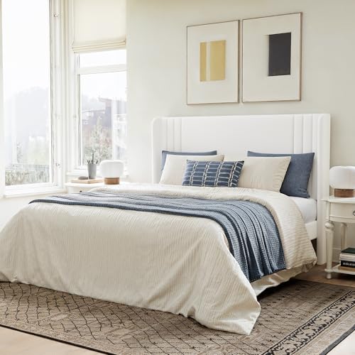 GOLDORO Queen Size Velvet Platform Bed Frame with Vertical Tufted Wingback Headboard, Easy Assembly, Under Bed Storage, No Box Spring Required, Modern Style, White