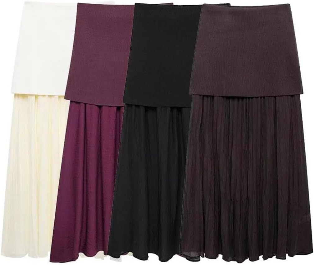 Women's Fashion Knitted Patchwork Pleated Side Zipper Midi Skirt Vintage High Waist Chic Bodycon Pencil Skirt