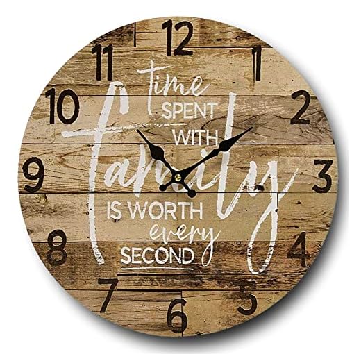 Round Farmhouse Wall Clock - 13 Inch – Decorative Wood Style Quartz Battery Operated Rustic Home Decor Vintage Decoration Retro Design for Living Room Kitchen Bedroom Bathroom Large Numbers Silent