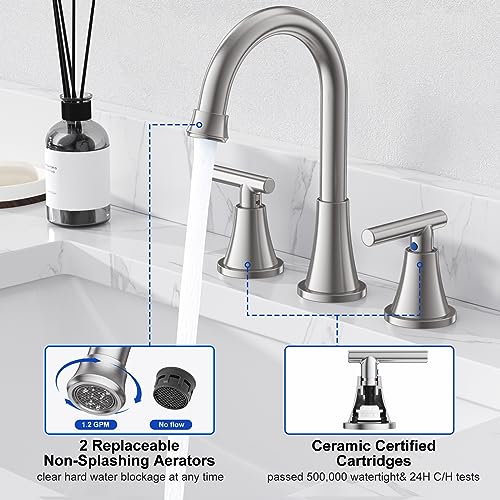 Image of Bathroom Faucet 3 Hole, Brushed Nickel Faucets with Drain and Supply Lines