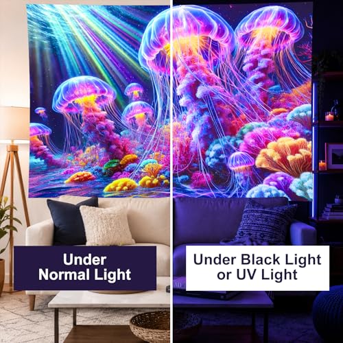 Image of BlissYard Black Light Tapestry UV Reactive Tapestry Glow Tapestry Blacklight Tapestry 78x59 Inches Neon Jellyfish Wall Hanging, Fluorescent Art Decoration with Colorful Sea Life, Oceanic Theme