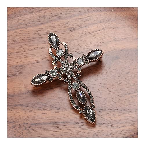 Broche croix baroque en cristal gris, bijou d'exception style ancien - 4