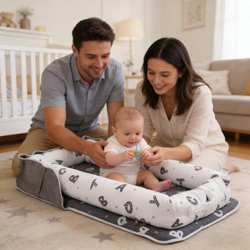 Image of Baby Lounger for Newborn Portable Bag,Baby Nest Play Gym mat with Strap,Newborn Lounger Adjustable Size & Inner Zipper Lengthen Space to 24 Months(Letter Gray)